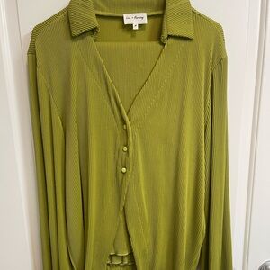 Green Ribbed Match Set: Collared Button Down with Wide Leg Pants